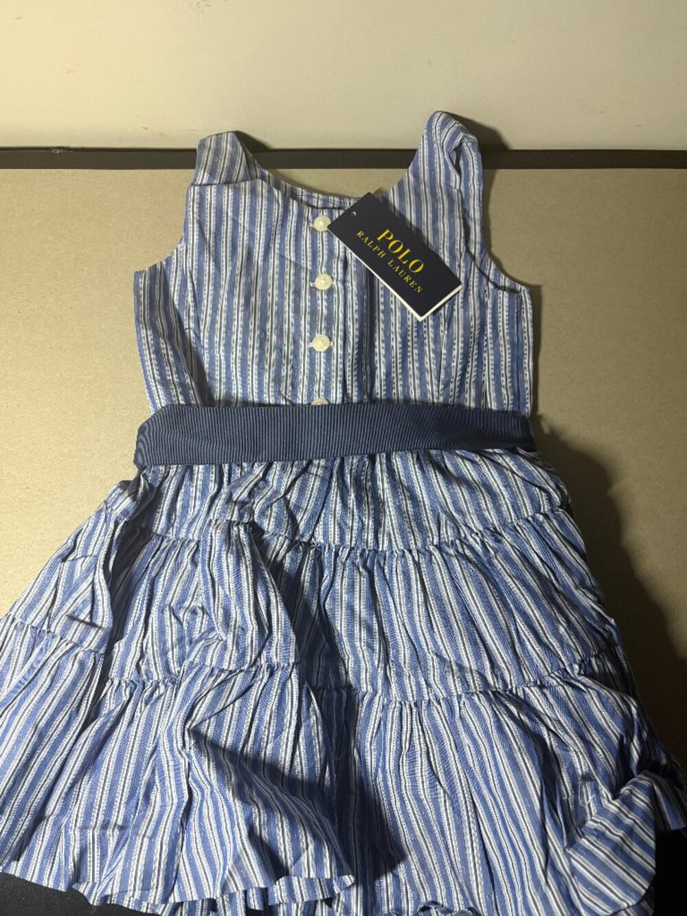 Polo Ralph Lauren Girls Blue & White Striped Tiered Sleeveless Sun Dress